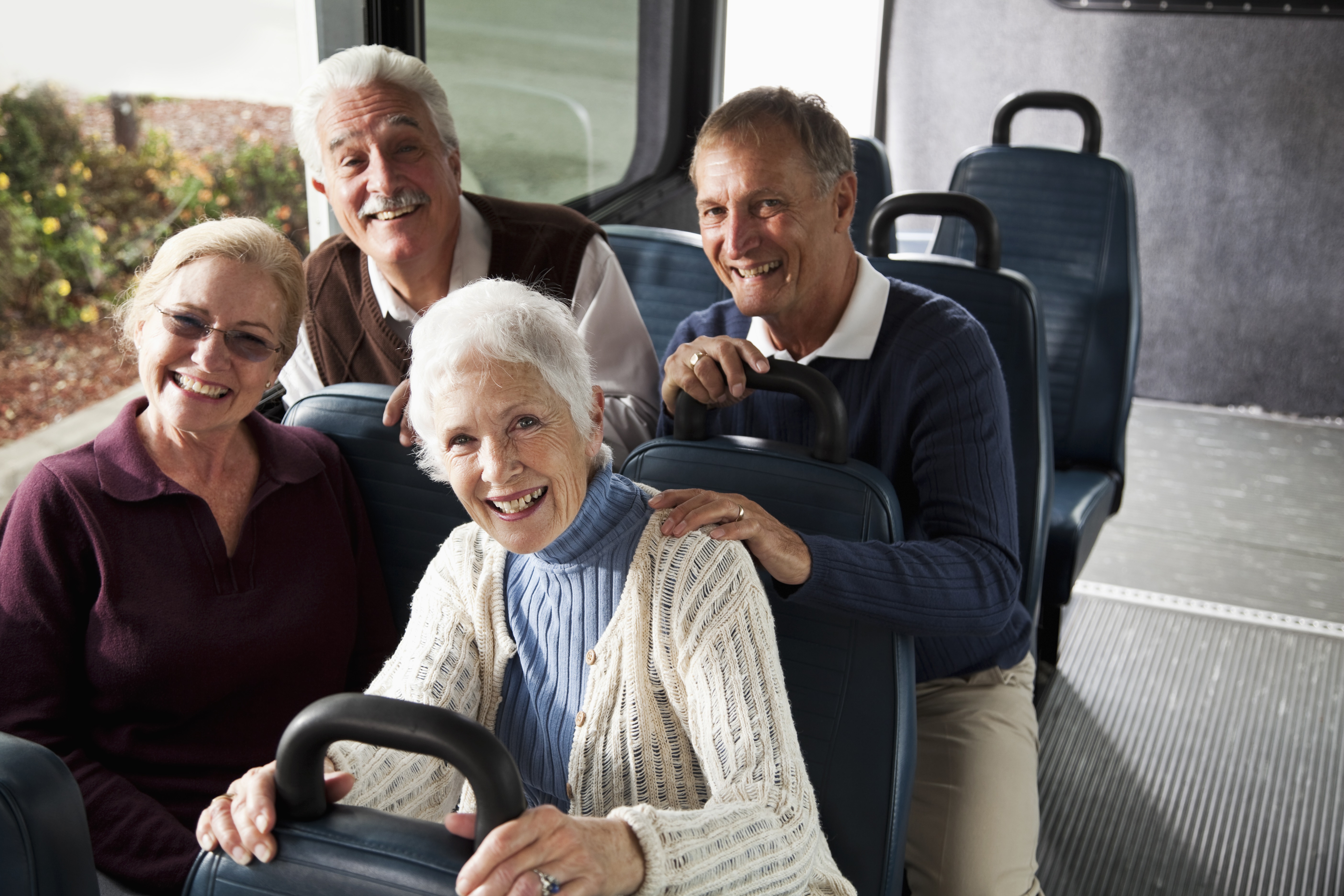 Masthead image collage featuring a blind man riding a bus, a group of older adults riding a shuttle, and an older woman standing at a car with a volunteer driver.